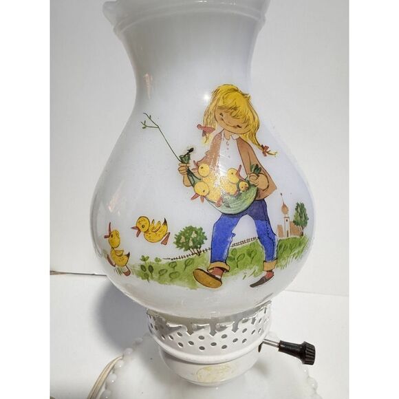 Vintage Hurricane Milk Glass Nursery Rhyme Lamp - Picture 2 of 4